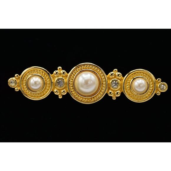 Christian Dior Vintage Crystal Pin Brooch Bar Rhinestone Pearl Signed 1980s BinJ - Picture 1 of 12
